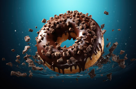 Chocolate donut falling into the water with splashes on blue backgroundの素材