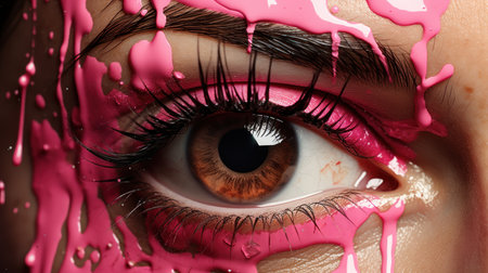 Close-up of beautiful woman's eye with pink paint splashes.の素材