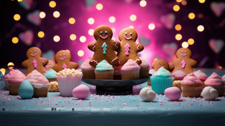 Gingerbread man and cupcakes decorated with icing and sprinkles on a bokeh backgroundの素材