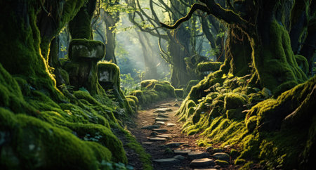 Hiking trail in a mysterious green forest with moss and fernsの素材