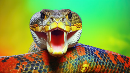 Close-up portrait of a snake with open mouth on colorful backgroundの素材