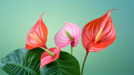 Three red anthurium flowers with green leaves on a green backgroundの素材
