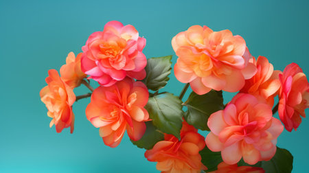 Bouquet of red and orange begonia flowers on blue backgroundの素材