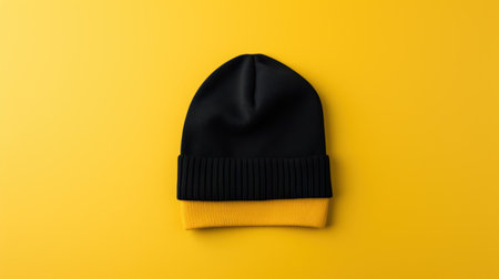 Top view of black hat on yellow background. Minimal fashion concept.の素材