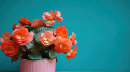 Begonia flowers in a vase on a turquoise backgroundの素材