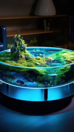Futuristic round aquarium with green moss in the interior of the roomの素材