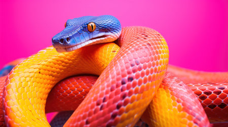 Close-up of a snake on a pink background. Studio shot.の素材