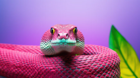 Colorful snake on a purple background. Close-up view.の素材