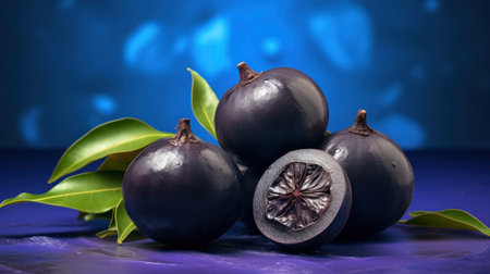 Mangosteen fruit with leaves on blue background, studio shotの素材