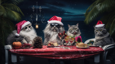 Cats celebrating christmas at the table with a glass of wineの素材