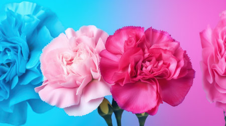 Carnation flowers isolated on blue and pink background with copy spaceの素材