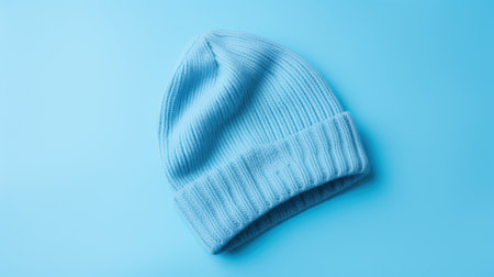 Blue knitted hat on blue background. Flat lay, top view.の素材