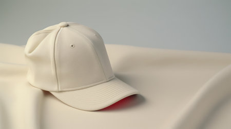 White baseball cap on a white background. Shallow depth of field.の素材