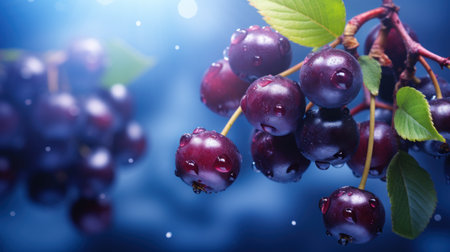 Ripe black cherries with water drops on a dark blue background.の素材