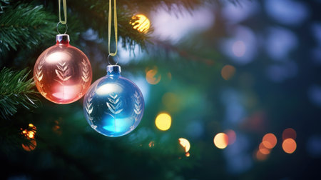 Christmas decoration on the fir tree with lights bokeh background.の素材