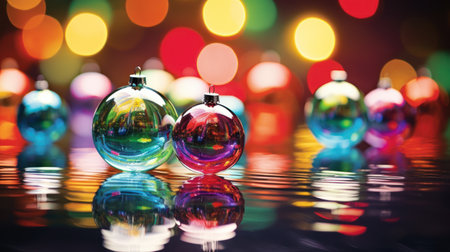 Colorful Christmas baubles on a bokeh background.の素材