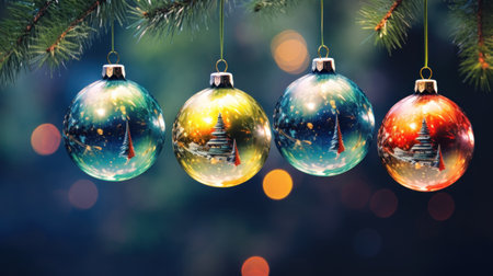 Christmas balls hanging on fir tree branch with bokeh background.の素材