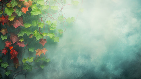 Autumn background with leaves and fog. Space for your text.の素材