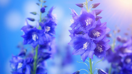 Beautiful blue delphinium flowers on a blue background.の素材
