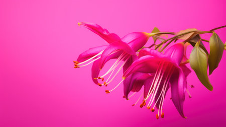 Pink fuchsia flowers on a pink background. Studio photography.の素材