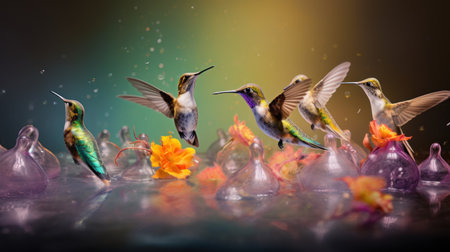Hummingbirds flying in a vase of flowers, vintage backgroundの素材