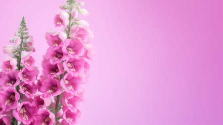 Pink foxglove flowers on pink background with copy space for textの素材