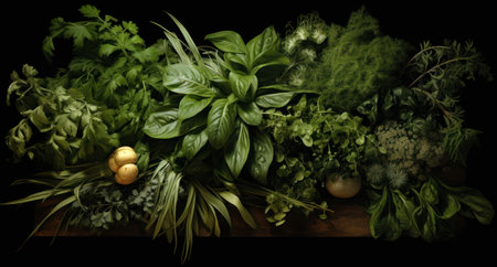 Composition of fresh herbs and vegetables on a wooden table. Black background.の素材