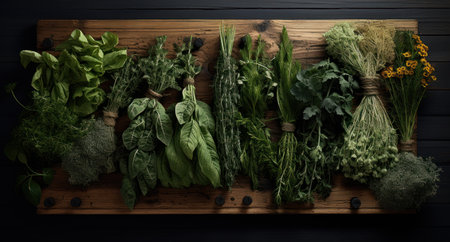 Assortment of fresh herbs on a wooden background. Top view.の素材