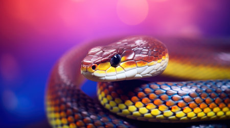 Close-up of a snake on a colorful background. Selective focus.の素材