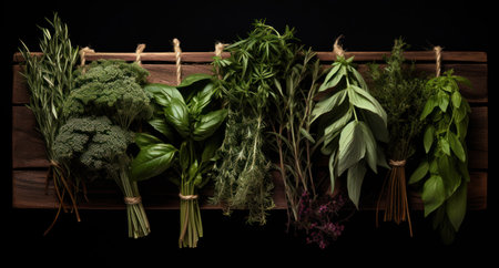 Variety of fresh herbs in a wooden box on a black backgroundの素材