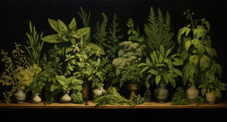 Herbs in a vase on a wooden shelf in a gardenの素材
