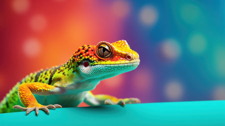 Leopard gecko on colorful bokeh background, close upの素材