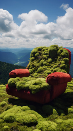 Red armchair on the top of a mountain with green moss.の素材