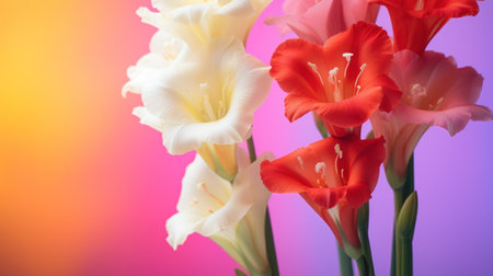 Beautiful gladiolus flowers on color background, close-upの素材