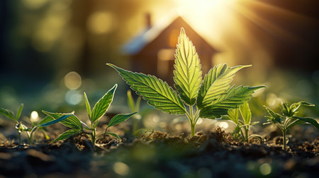 Cannabis seedling growing in the ground. Concept of growing hempの素材