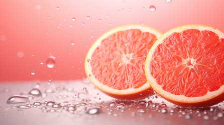 Two halves of grapefruit with water drops on a red background.の素材