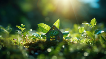 Little house in the green forest. Eco-friendly concept. Selective focus.の素材