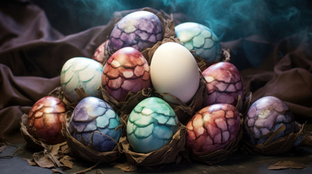 Colorful easter eggs in a nest with smoke on a dark backgroundの素材