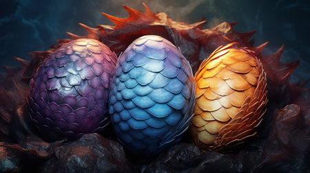 Easter eggs painted in different colors on a dark background. 3d illustrationの素材