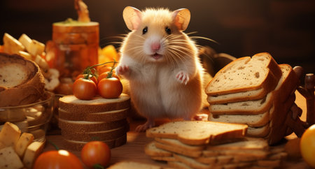 Cute hamster and bread on wooden table, close-upの素材