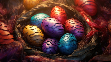 Colorful Easter eggs in a nest of feathers. Close-up.の素材