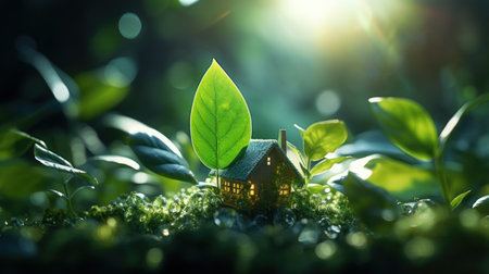 House model with green leaves. Real estate concept. 3D Renderingの素材