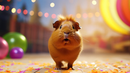 Cute guinea pig with colorful confetti on blurred background.の素材