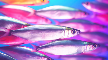 Close up of a group of fish swimming in a colorful light.の素材