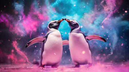 Two penguins on a background of pink and blue smoke. The concept of love.の素材