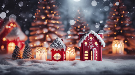 Christmas decoration with gingerbread house and candles on snow. Festive background.の素材