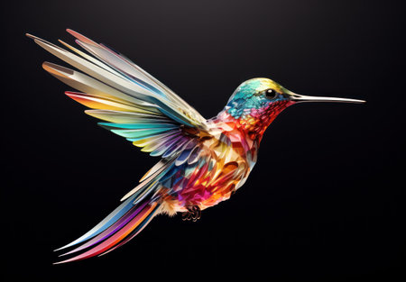 colorful hummingbird isolated on a black background, close-upの素材