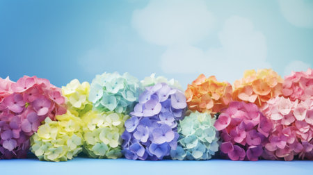 Colorful hydrangea flowers on blue background with bokehの素材