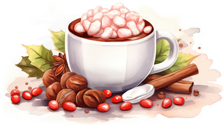 Illustration of a cup of hot chocolate with marshmallows and nutsの素材