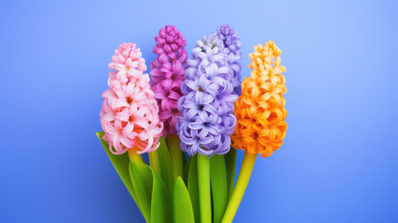 Colorful hyacinths on blue background. Spring flowers.の素材